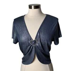 Hazy Daze Metallic Navy Y2K Rhinestone Heart‎ Charm Top Womens 1X